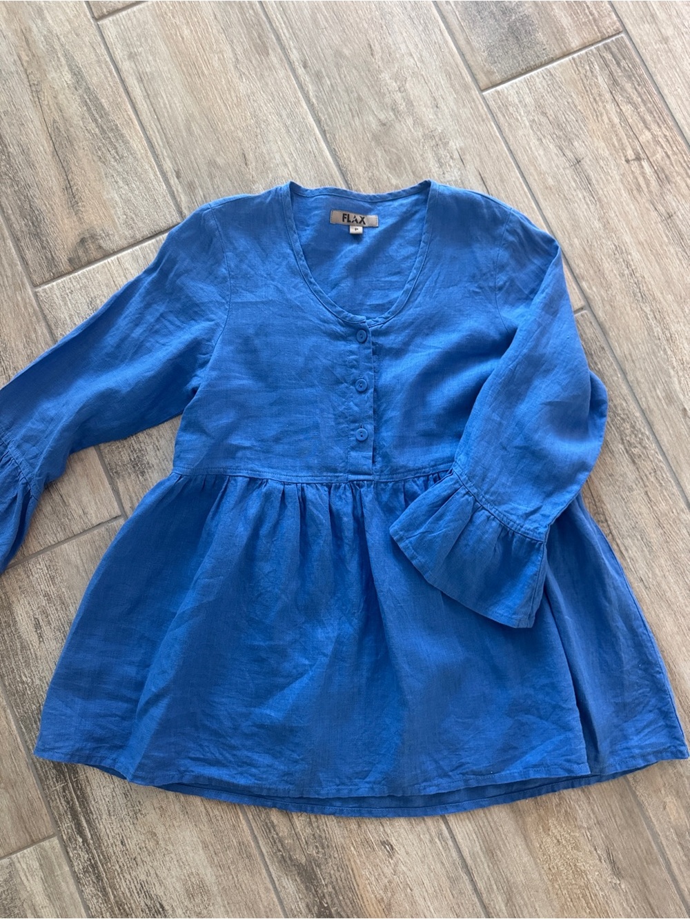 FLAX by Jeanne Engelhart Blue Linen Peplum Button Top P (0-4)